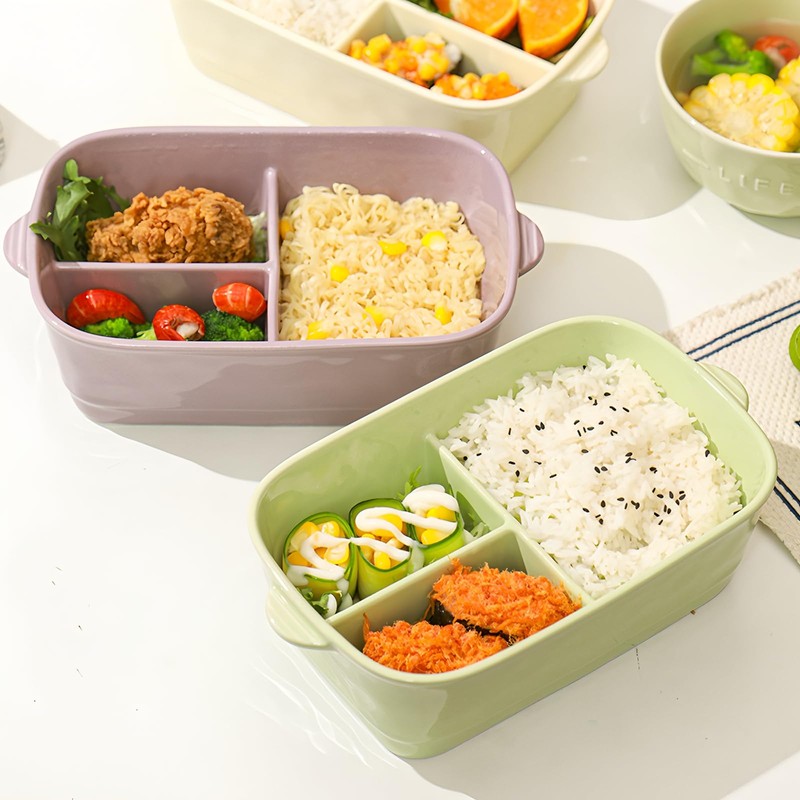Ceramic Lunch Box with Compartment, Lunch Box with Lid, Green