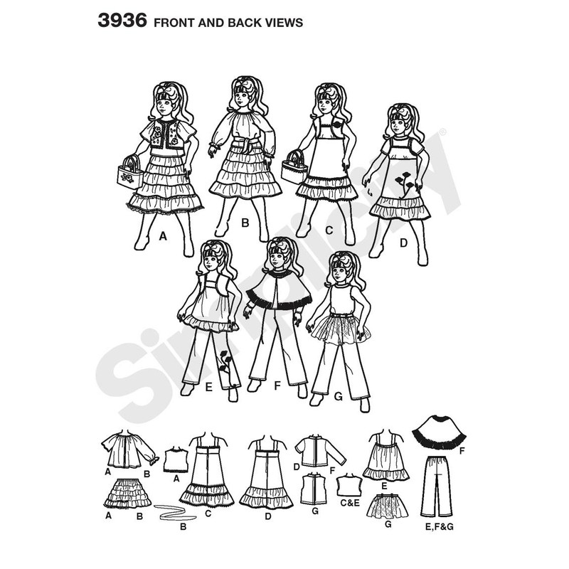 Simplicity Sewing Pattern 3936 Doll Clothes, One Size