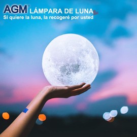 AGM LED Mondlampe 16 Farben Nachtlicht Stimmungslicht mit Fernbedienung und Touch-Steuerung Dimmbar Mondlamp Ø15 cm 3D Druck mit Holzhalterung für Schlafzimmer Café Bar Esszimmer