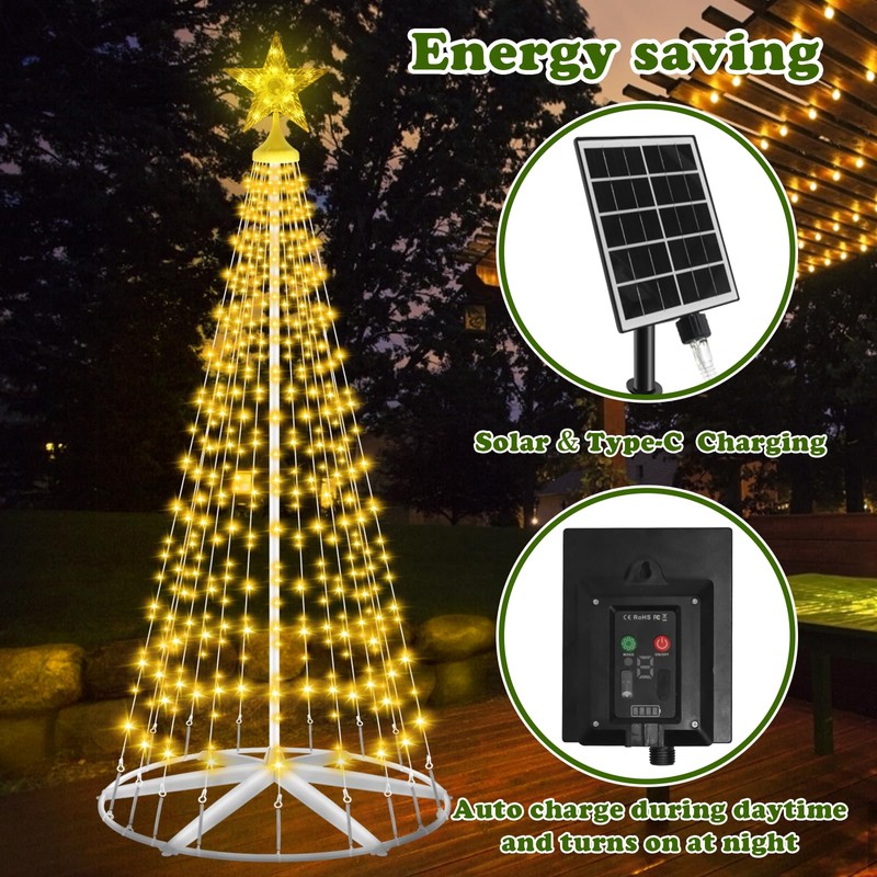 Outdoor Solar Christmas Cone Tree Lights, 8ft 442 LED Christmas