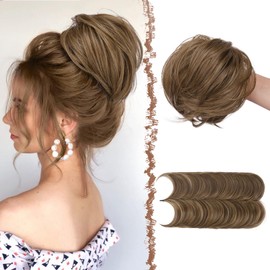 FESHFEN Messy Bun Hair Pieces - Wired Hair Bun Scrunchies Ponytail Flexible Wrap Around Synthetic Hairpieces for Women, Golden Brown Mixed Blonde 1.9 oz