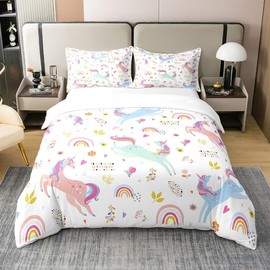 Girls Unicorn Rainbow Bedding Set for Kids Boys Girls Cute Rainbow Comforter Cover Set Full Size Lovely Kids Rainbows 100% Cotton Duvet Cover Cute Princess Bedspread Cover Bedding Collection 3Pcs
