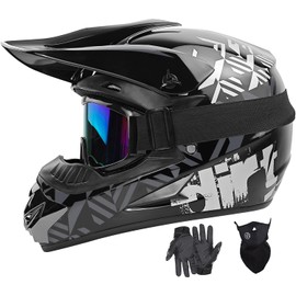 Youth Dirt Bike Helmets Fashion Motocross Helmet Kids ATV Off-Road Helmets Moutain Bike Motorcycle Helmets DOT Approved (Goggles Gloves Faceshield) (Grey, Medium)