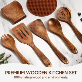 Spardar Wooden Kitchen Utensils, 8 Piece Set Wooden Spoon Set with 5 Teak Wood Cooking Spoons, Spoon Rest, Pot Holde, 3.3 Inch Utensil Holder, as Kitchen Decoration and Housewarming Gift