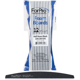 ForPro Half Moon Foam Boards, Black, 100/180 Grit, Double-Sided Manicure and Pedicure Nail Files, 7” L x 1.1” W, 12-Count