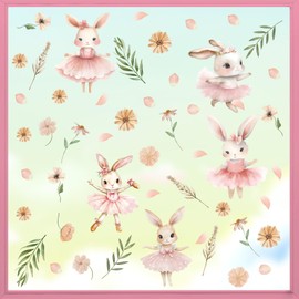 Ausril Easter Bunny Window Clings,Pink Rabbit Wall Decals,Easter Window Sticker,Spring Flower Wall Stickers for Nursery,Chrysanthemum Daisy Floral Decals,Glass Blossom Wallpaper for Home Kids Bedroom