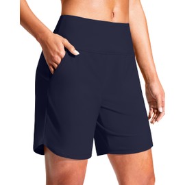G Gradual - Pantalones cortos de natación para mujer, de 7 pulgadas, de secado rápido, pantalones cortos de playa, de cintura alta, para mujer, con bolsillos forrados, marino, Small