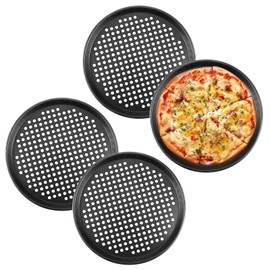 VIDETOL Set of 4 Round Pizza Trays, Pizza Tray Round 32 cm with Non-Stick Coating, Perforated Pizza Mould Carbon Steel, Black Pizza Pan for Chefs and Pizza Lovers