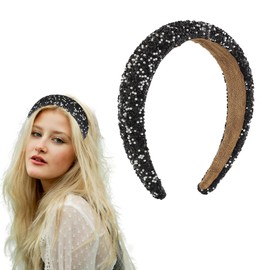 AWOCAN Rhinestone Headbands for Women Diamond Bling Rhinestone Wide Hairband Sparkle Beaded Crystal Headband Thick Padded Headband for Party Non Slip Glitter Hair Hoop (Black, ONESIZE)