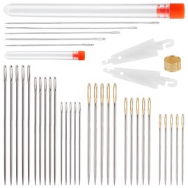 40 Pcs Large Eye Hand Sewing Needles Set Long Sewing Needles Big Eye Stitching Needles Sharp Embroidery Needles with Thimble Threader and Storage Tube for Quilting Darning and Art Crafts