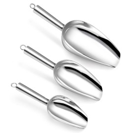 3 + 6 + 8 OZ Ice Scoop Set of 3, P&P CHEF Stainless Steel Food Scoops for Ice Cube Coffee Bean Cat Dog Food Flour Popcorn, Healthy & Sturdy, (Silver)