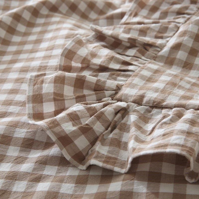 Silnuo Taupe/White Plaid Ruffled Body Pillow Cover Washed Cotton Farmhouse