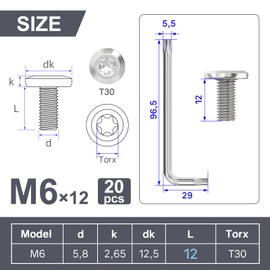 Wavanta 20 Pcs M6 Bolts, M6 x 12mm Flat Head Torx Bolts Screws, Furniture Screws, 304 Stainless Steel, Full Thread, with Torx Key