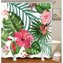 LIVILAN Floral Shower Curtain, Green Shower Curtain, Tropical Shower Curtains for Bathroom, Flower Shower Curtain, Botanical Shower Curtain Set with 12 Hooks, Plant Bathroom Decor, 72X72 inches