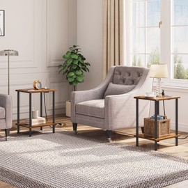 HOOBRO Side/End Table with Charging Station, Set of 2 with USB Ports and Outlets, Nightstand with 2-Layer Storage Shelves for Small Spaces, Living Room, Bedroom, Rustic Brown BF09UBZP201