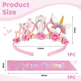 LunarCharm 7th Birthday Headband Flower Birthday Crown and Glitter Sash for Girls 7th Birthday Decorations for Girls Birthday Party Decorations