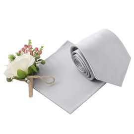 DQT Plain Solid Satin Wedding Necktie and Pocket Square Set for Men - Silver