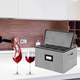 VERONLY Stemware Storage Cases,Quilted Wine glass Storage Boxes with Divider-China Storage Containers Hard Shell Holds 12 Wine Glass or Crystal Glassware Storage Containers, Stackable (Light Grey)