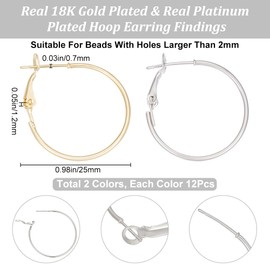 Beebeecraft 1 Box of 24 Hoop Earrings 18 Carat Gold-Plated Brass and Platinum Plated 2 Colours Ring Earring Wire Hoop Earrings for Jewellery Making Accessories