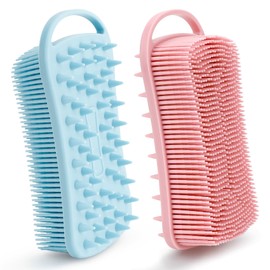 Silicone Body Scrubber, 2 in 1 Soft Silicone Loofah 2 Pack Exfoliating Body Scrubber Loofah for Women Men, Body Scrubber Shower Bath Shampoo Brush with Loop for Sensitive Skin Lather Well, Pink & Blue