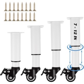 LOPYXBR Set of 4 Metal Adjustable Furniture Legs with Wheels 7-12 Inch White Adjustable Table Legs with Casters Heavy Duty Bed Support with Brake Table Legs with Wheels for Cabinet Sofa Bed, 440LBS