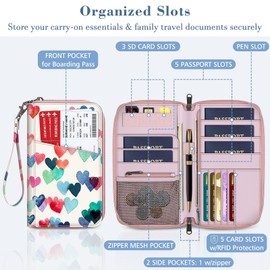 FINTIE Passport Holder Travel Wallet for Family, RFID Blocking Travel Document Organizer Clutch Bag for Passports, Business Cards, Credit Cards, Boarding Passes, Raining Heart