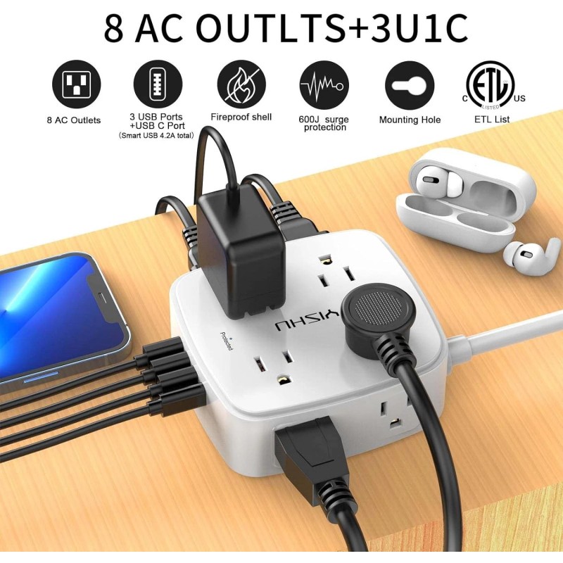 YISHU 6FT Surge Protector Power Strip 8 Outlets 4 USB