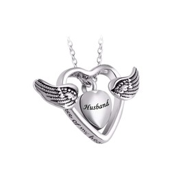 LuxglitterLin Double Heart Cremation Urn Necklace for Husband Ashes Angel Wing Memorial Keepsake Pendant Jewelry A piece of My Heart lives in Heaven