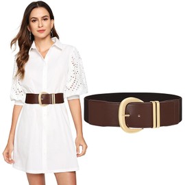 SANSTHS Women Wide Elastic Waist Belt for Dresses Fashion Gold Buckle Stretchy Leather Waistband for Ladies, Coffee S
