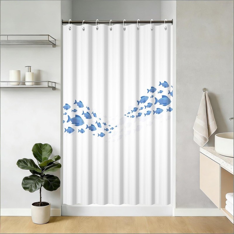 Yeele School of Fish Minimalist Ocean Wave Shower Curtain, Blue