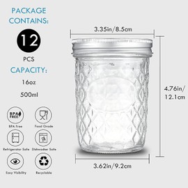 Verahaus 16 oz - 12-Pack Quilted Wide Mouth Glass Jars with Lid & Seal Bands - Airtight Container for Pickling, Canning, Candles, Home Decor, Overnight Oats, Fruit Preserves