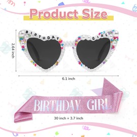 Etercycle Birthday Gifts Set, Glitter Birthday Girl Sash & Heart Sunglasses, Fashion Heart Shaped Sunglasses Pink Sash Gift for Women Happy Birth Day Decorations