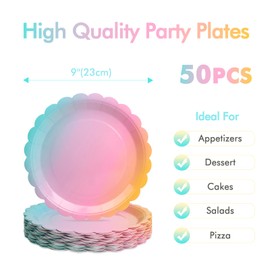 PARTY GO 50Pcs Rainbow Paper Plates 9" 23cm, Party Plates Disposable Supplies Pack for Birthday, Baby Shower, Holiday Wedding Graduation Party Decorations