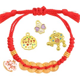 Bomeirc Braided Rope Bracelet with Rocking Horse Charm Adjustable Gold Bead Multicolor Cord Bracelet for 2026 Year of the Horse, Handwoven Red String Bracelet with Lucky Coin & Removable Charms(Golden five copper coins)