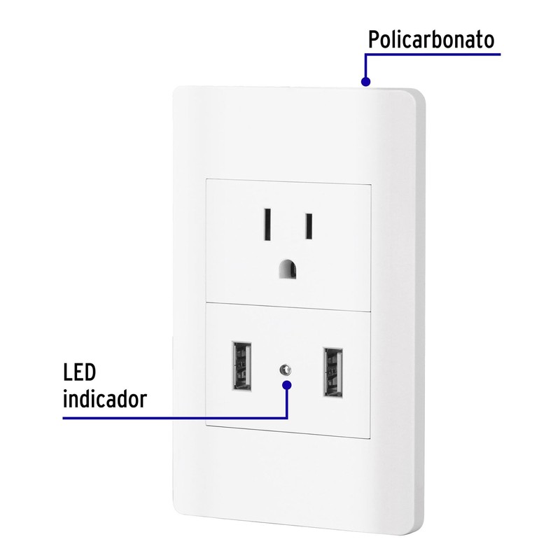 Volteck COUSB-LB, Placa armada blanca 1 contacto y 2 puertos