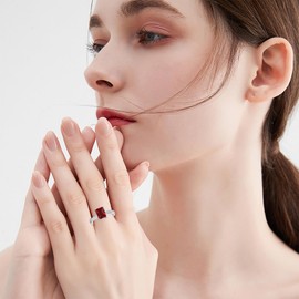 Gnteey Gemstone Rings 925 Sterling Silver 8x6 mm Emerald Cut Birthstone Rings Engagement Ring for Women, 5.5, Gemstone, Garnet