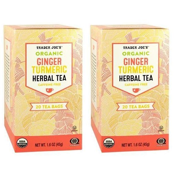 Trader Joes Organic Ginger Turmeric Herbal Tea 20 envelopes each (Pack of 2)