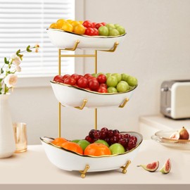 Fruit Basket for Kitchen Counter, 3 Tier Fruit Basket, Ceramic Fruit Bowl, Fruit Bowl for Kitchen Counter, Porcelain Fruit Stand Storage Holder, Large Capacity Fruit Holder for Dessert, Snack(White)