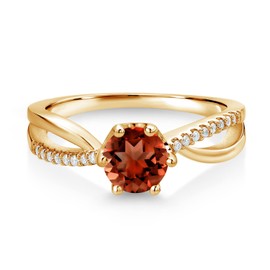 Gem Stone King 18K Yellow Gold Plated Silver Ring Round Garnet and Moissanite (1.08 Cttw) (Size 7)