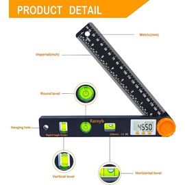 Rainyb Digital Angle Finder Tool 7inch 0-360 degree LED Digital Protractor with Horizontal Vertical Bubble Levels and Ruler Meter Accurate Tools for Carpenters,Woodworkers,Fabricators（7-Inch X 2Pcs）