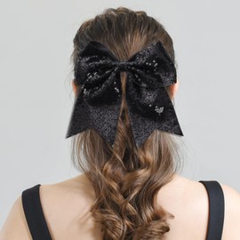 2 Packs Jumbo Black Cheerleading Bow 8 Inch Large Cheer Hair Bows with Alligator Clips for Teen Girls Softball Outfit Uniform (Sequin Black)