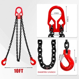 SENKEYFE Lifting Chains with Adjuster Hooks 5/16 Inch x 10 Ft 7000lbs / 3.18 Tons G80 Alloy Steel Double Leg Slings with 2 Safety Industrial Grab Hooks Chain Sling Heavy Duty for Engine Hoist