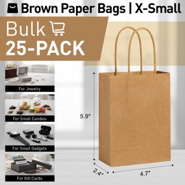 SUNCOLOR 25 Pieces 6" Mini Goodie Bags Brown Small Gift Bags with Handle for Party Favor Bags (Brown)