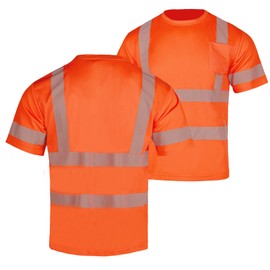 FONIRRA Hi Vis Safety T Shirt for Men Class 3 ANSI Reflective High Visibility Short Sleeves Work Shirt (Orange,L)