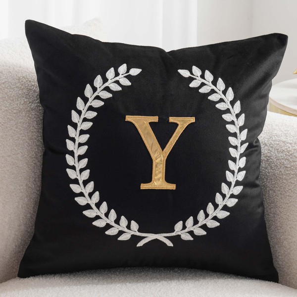 DECOPOW Black Velvet Throw Pillow Cover, Personalized Letter Embroidery Square
