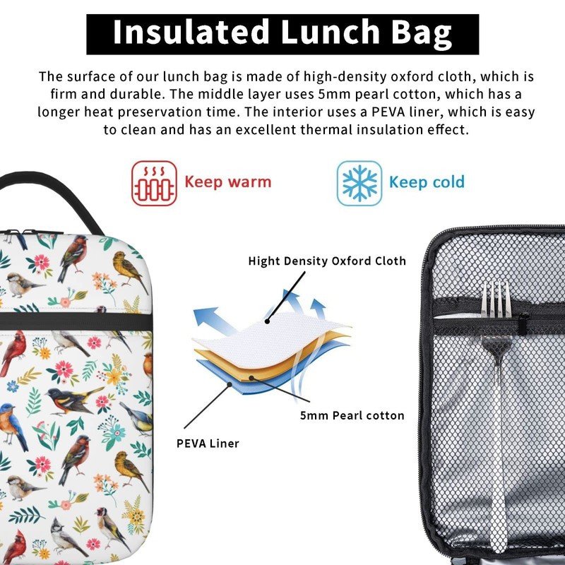 FREEHOTU Watercolor Birds Lunch Bag Double Insulated Leakproof Lunch Box