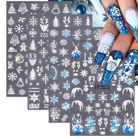 4 Sheets Christmas Nail Art Stickers Blue Snowflake Nail Decals 3D Self Adhesive White Reindeer Elk Snowman Gift Nail Design Stickers Laser Nail Stickers Cute Winter Holiday Nail Supplies for Winter