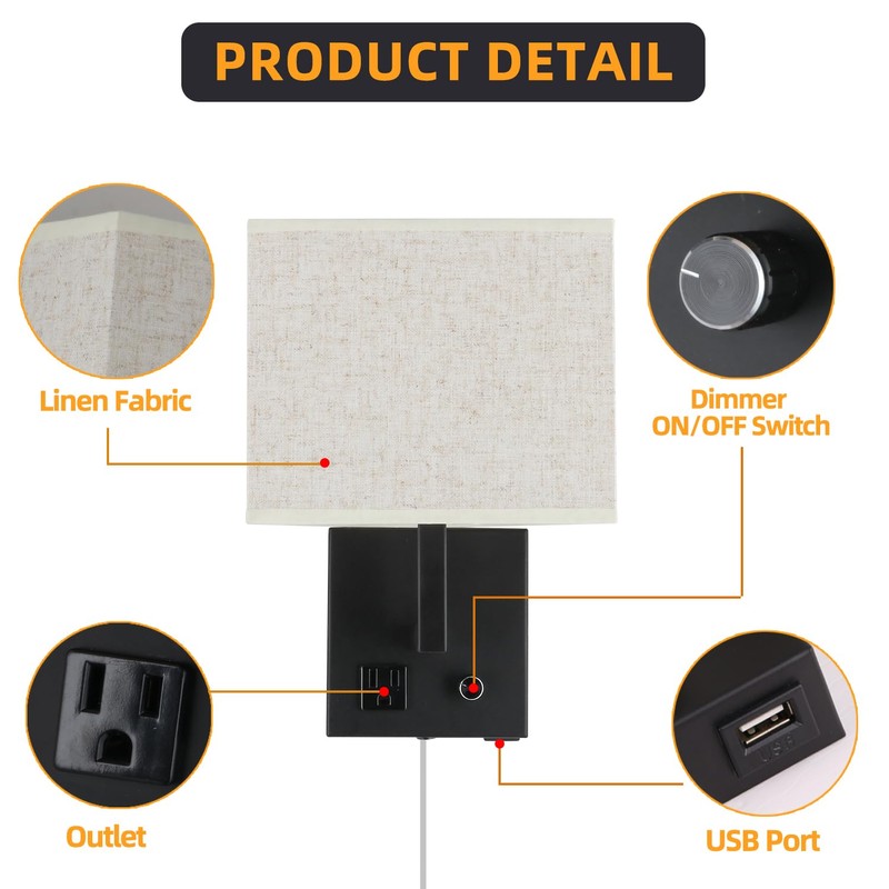 wkeessee Bedside Wall Mount Light with Outlet and Dimmable Switch,