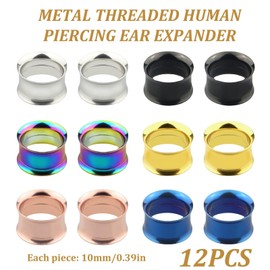 EPCDBBRT 12 Piece Ear Expansion Rings, Colorful Ear Expanders, Dual Flared Ear Expanders, Human Piercing Ear Expanders, Metal Threaded Ear Lobe Expanders, Ear Stretching Kits