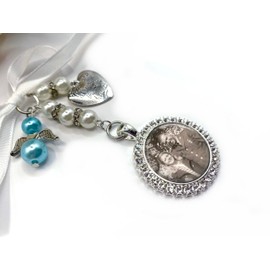 Little Gem Girl Upload Your Photo Wedding Bouquet Memorial Charm with Rhinestones, Pearl Beads, Something Blue Angel Charm, and Heart Pendant, Custom Bridal Keepsake